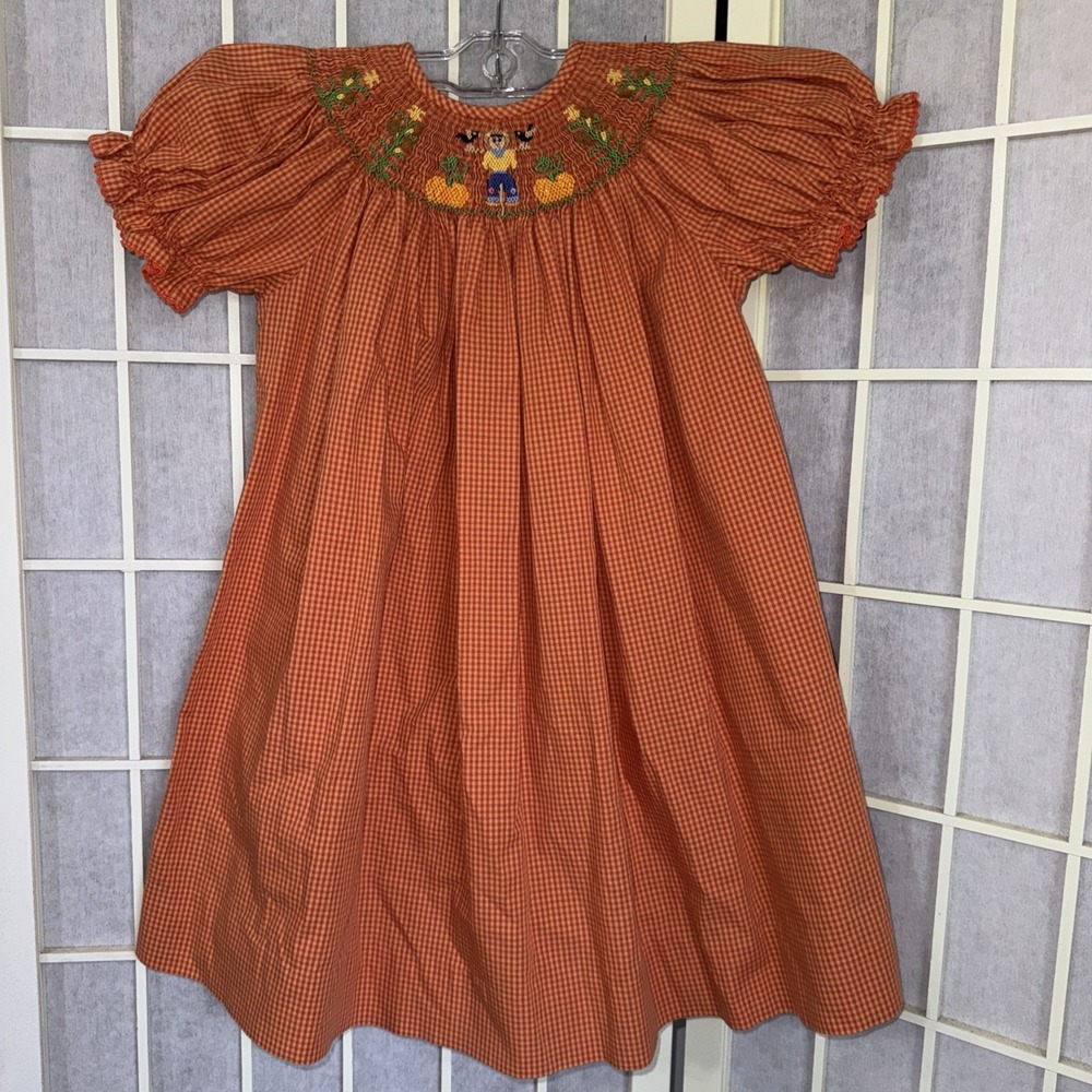 Silly Goose Smocked Orange Pumpkin Scarecrow Gingham Embroidered Dress Girls 2